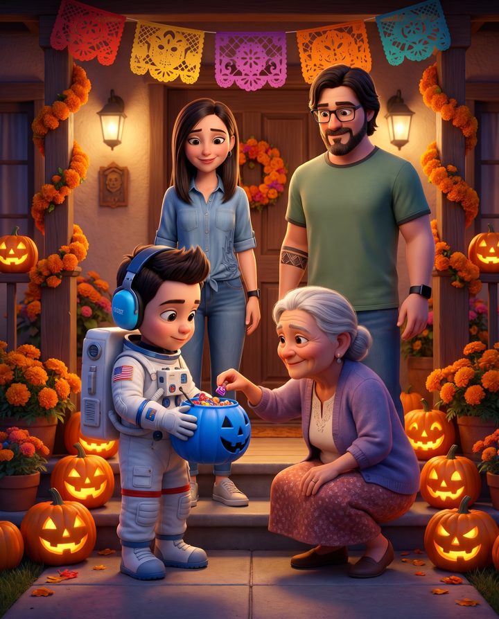 Illustration: Matti, dressed as an astronaut and wearing headphones, gets a piece of candy in his blue pumpkin