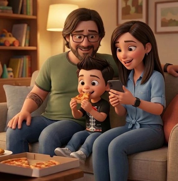 Illustration of Alejandro, Matti and Gaby on the couch at home, eating pizza